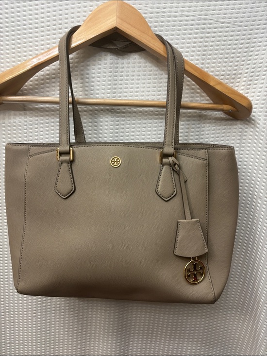 Tory Burch Handbags - Tory Burch Taupe Saffiano Tote with Gold Logo Charm